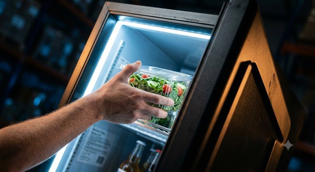 Hand reaching into an open smart cooler for a salad